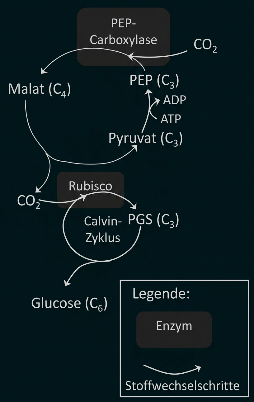Schema der C4-Photosynthese mit PEP-Carboxylase, Calvin-Zyklus, Rubisco und Glucosebildung.